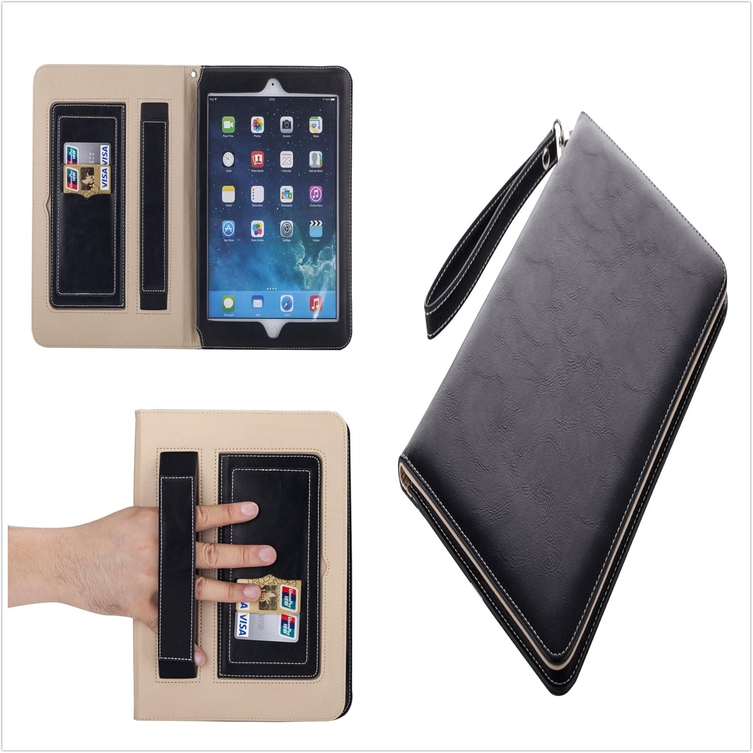 iPad Mini/iPad Air Case,Leather Folio Smart Cover Case Stand with Auto Sleep/Wake Feature, Card Pocket for Apple iPad (Black, For iPad Mini 1/2/3)