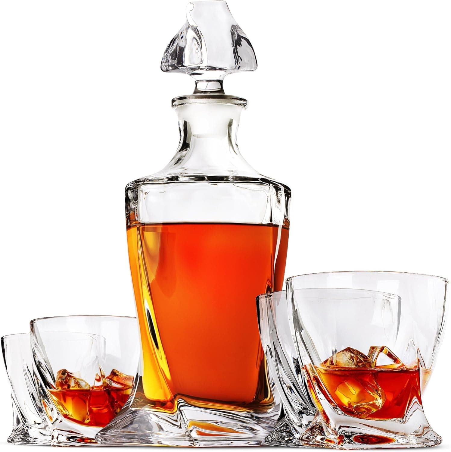 Helix Whiskey Decanter Set, 5-Piece Lead-Free Crystal Clarity Glass Set with Stopper - Barware Gift for Men – Double Old Fashioned Rocks Glasses for Scotch Liquor, Irish Whisky, Bourbon or Brandy