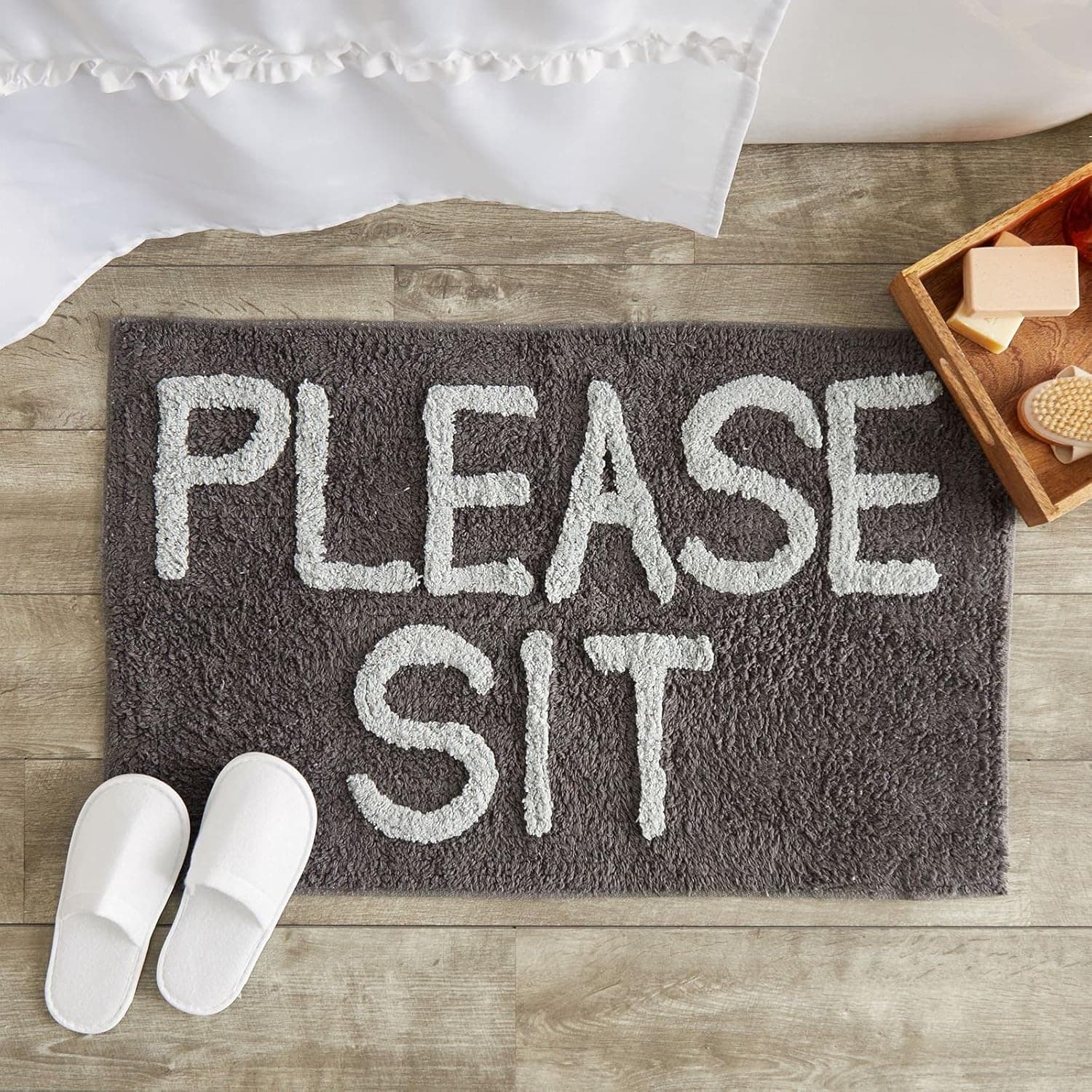 Juvale Non-Slip Funny Bath Mat, Dark Grey Please Sit Bathroom Rug (32 x 20 in)