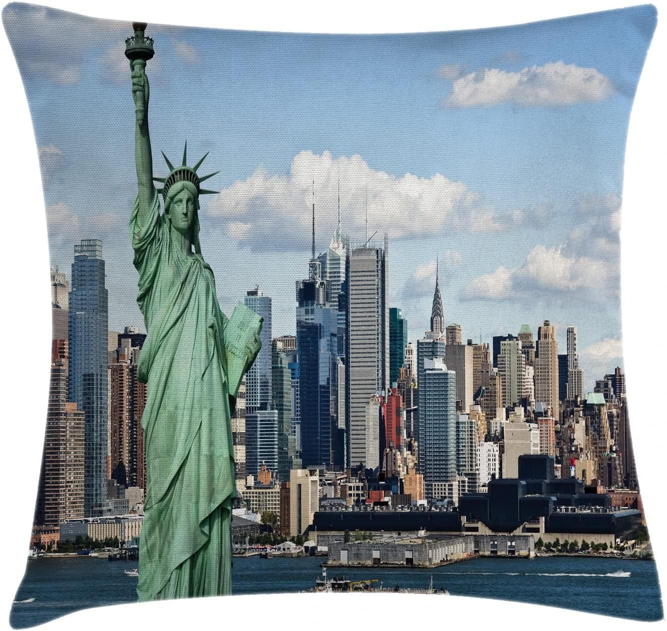 Ambesonne New York Throw Pillow Cushion Cover, Liberty in NYC Harbor Urban City Print Famous Cultural Landmark Picture, Decorative Square Accent Pillow Case, 20" X 20", Mint Blue