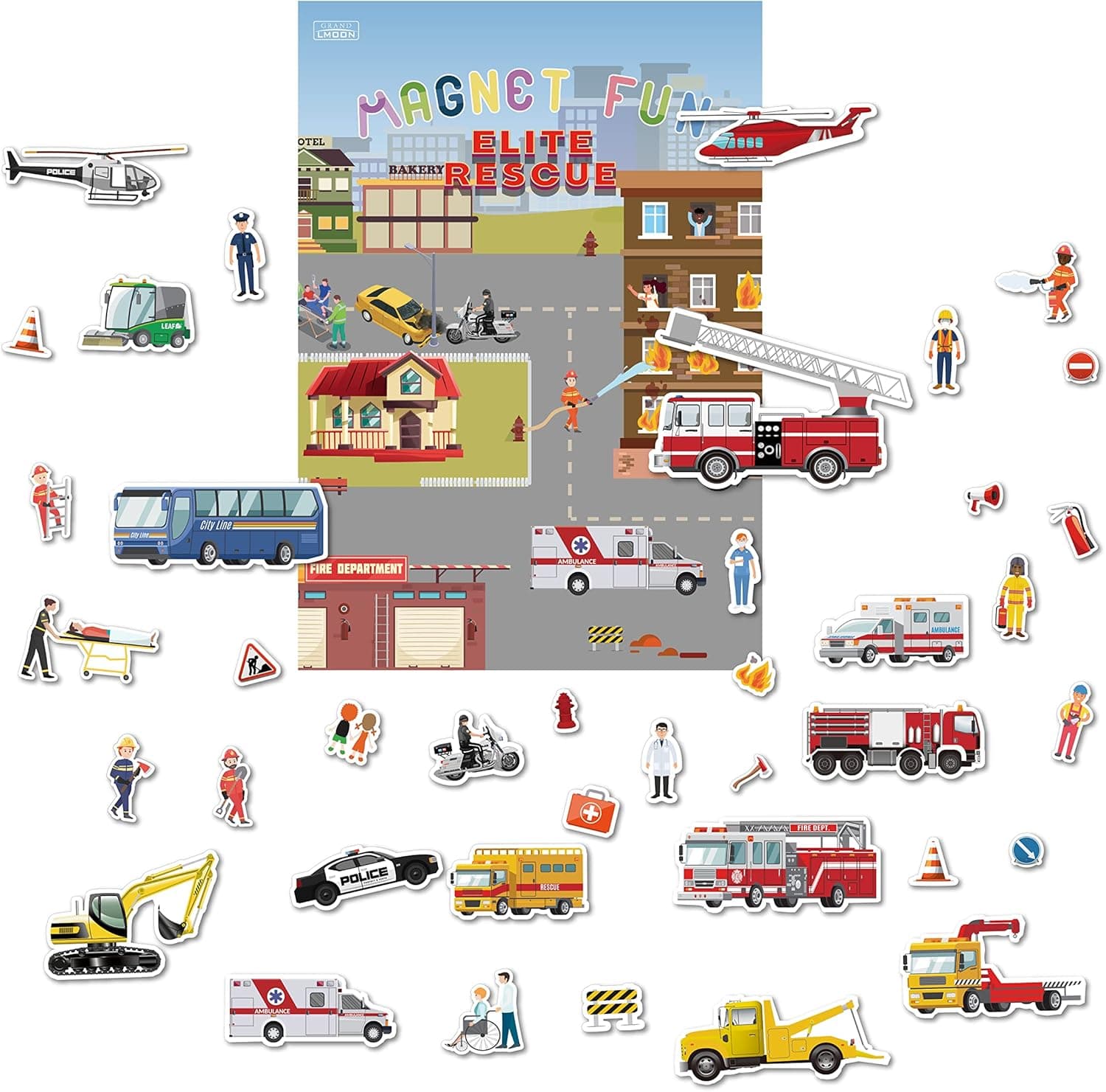Magnetic Portable Playboard Elite Rescue Team Fire Fighting Trucks Police Trauma and Engineer (41 PCS )