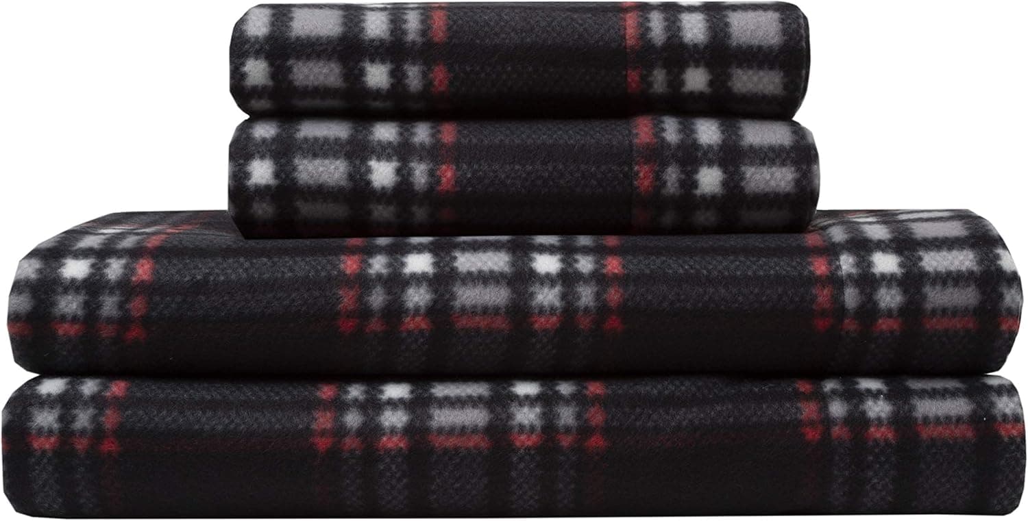 Elite Home Ultra-Soft Winter Nights Collection Microfleece Sheet Set, Midwood Plaid Black, Queen