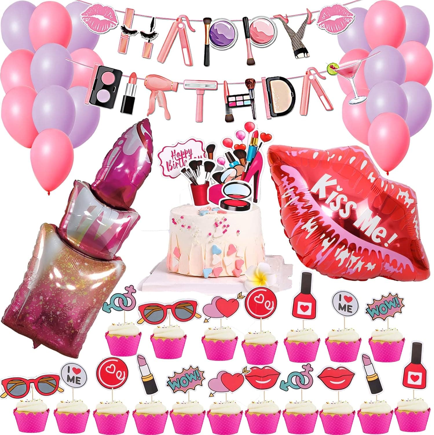 Spa Party Decorations Set,Spa Party Supplies Make Up Happy Birthday Banner,Spa Day Cake Toppers for Girls,Inflatable Lipstick Red Kissy Lips for Girls MakeUp/Salon/Glam/Tween/Teen Birthday Party Decoration