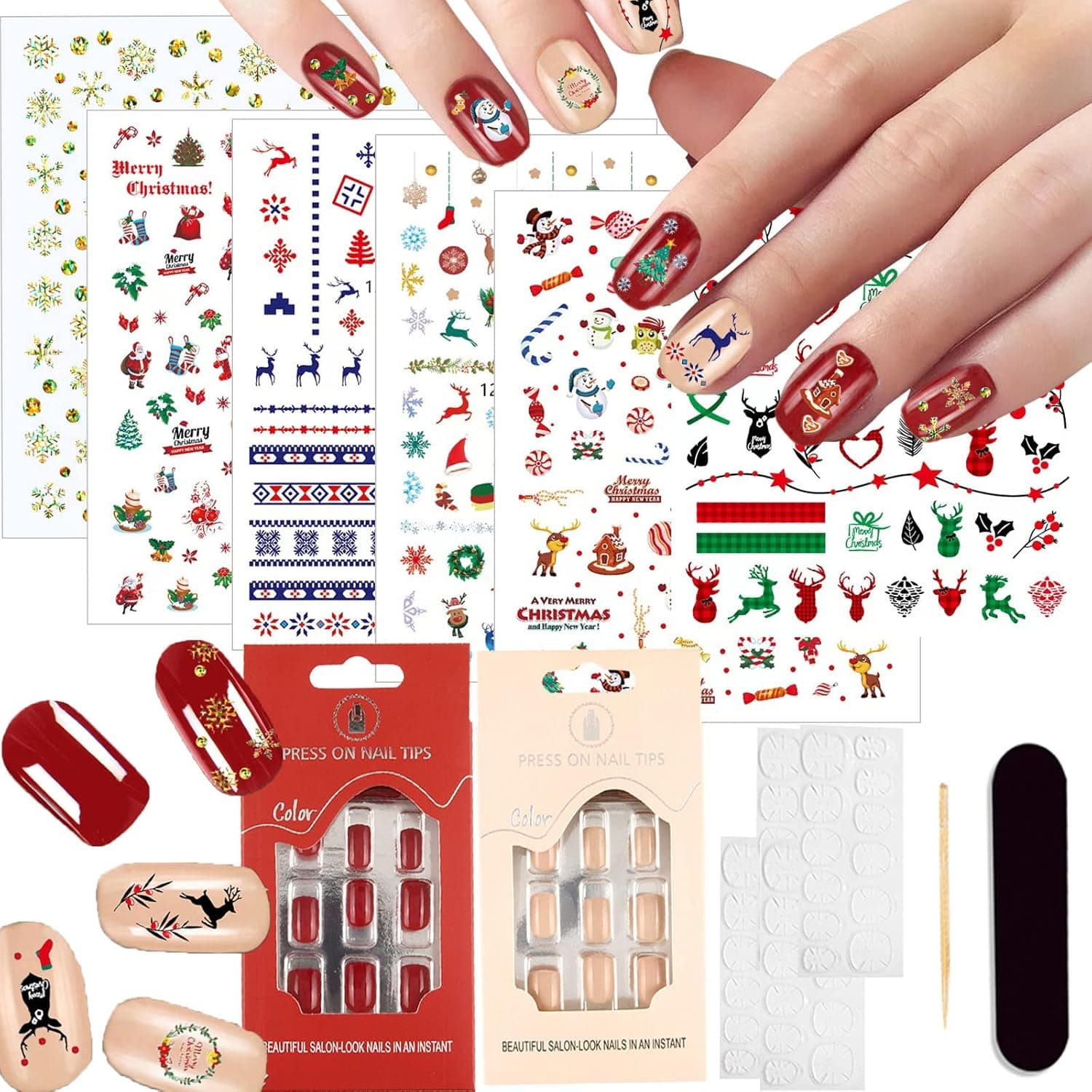 48Pcs Christmas Short Press On Nails with 6Pcs Christmas Nail Art Stickers, ABS Flexibility Square Nail Manicure Set Cute Decals DIY Xmas Winter Nail Design Decoration