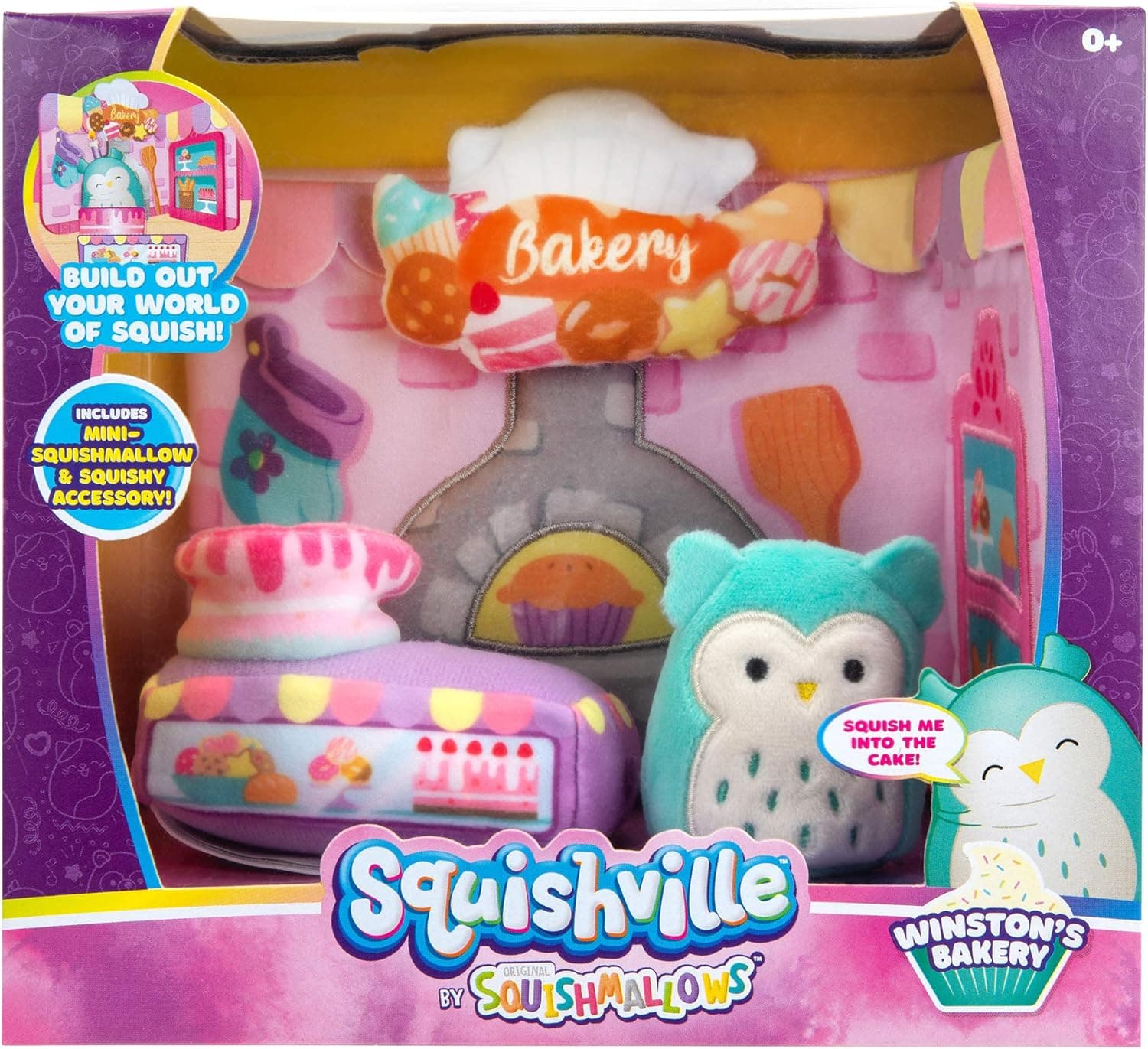Squishville by Squishmallow Bakery Play Scene, 2” Winston Mini-Squishmallow, 8” Playset, 1 Plush Accessory, Marshmallow-Soft Animals, Bakery Toy