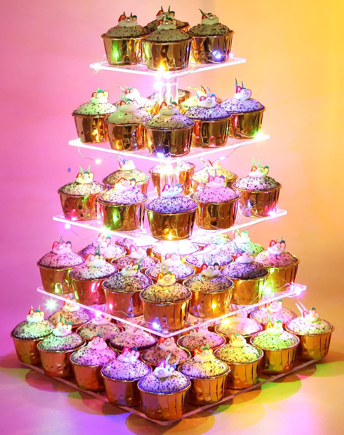 Vdomus 5 Tier Acrylic Cupcake Display Stand with LED String Lights, Pastry Stand Dessert Tree Tower Cupcake Stand for Birthday/Wedding Party or Celebrations, Multicolour
