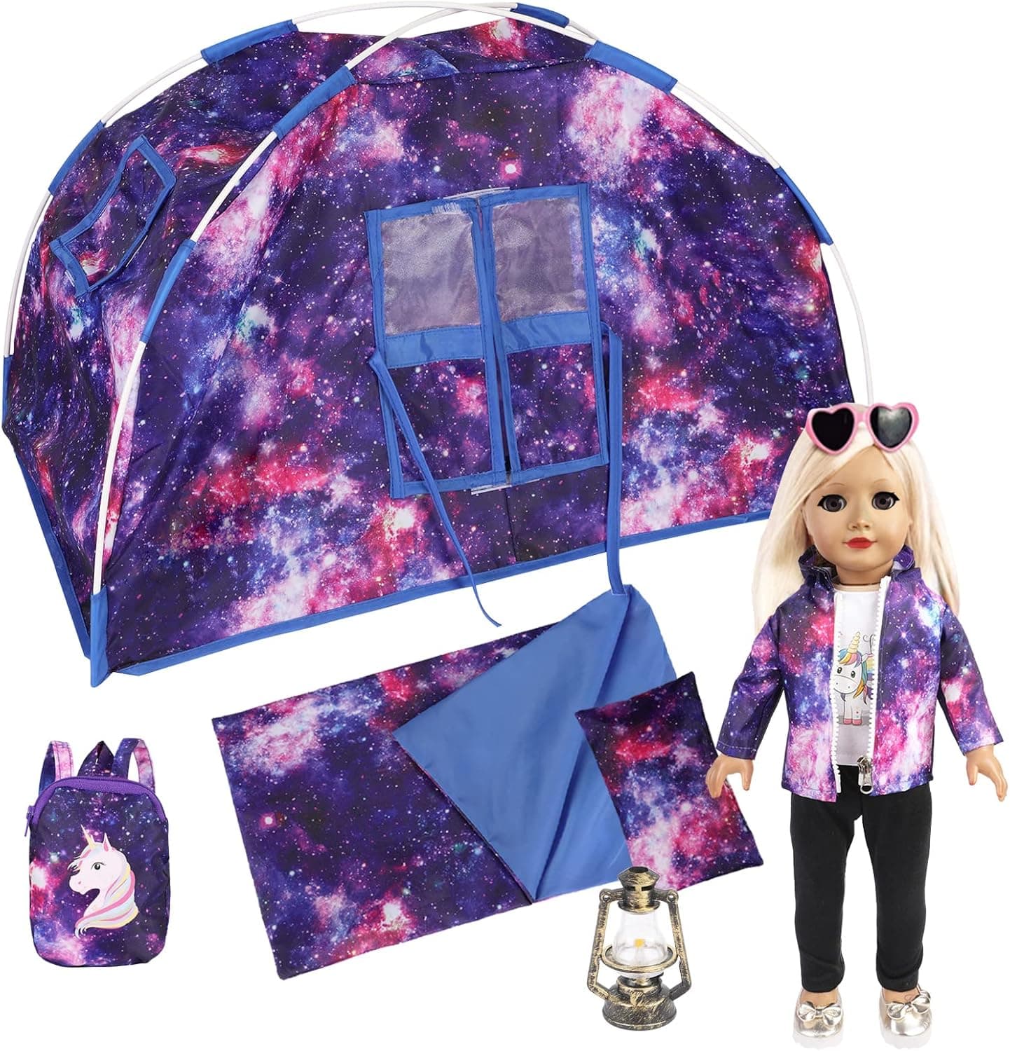 8 Items Doll Camping Tent Set for 18 Inch Girl Doll Accessories Including 18 Inch Girl Doll Tent,Sleeping Bag,Pillow,Unicorn Backpack,Unicorn Vest,Doll Clothes,Mini Kerosene lamp