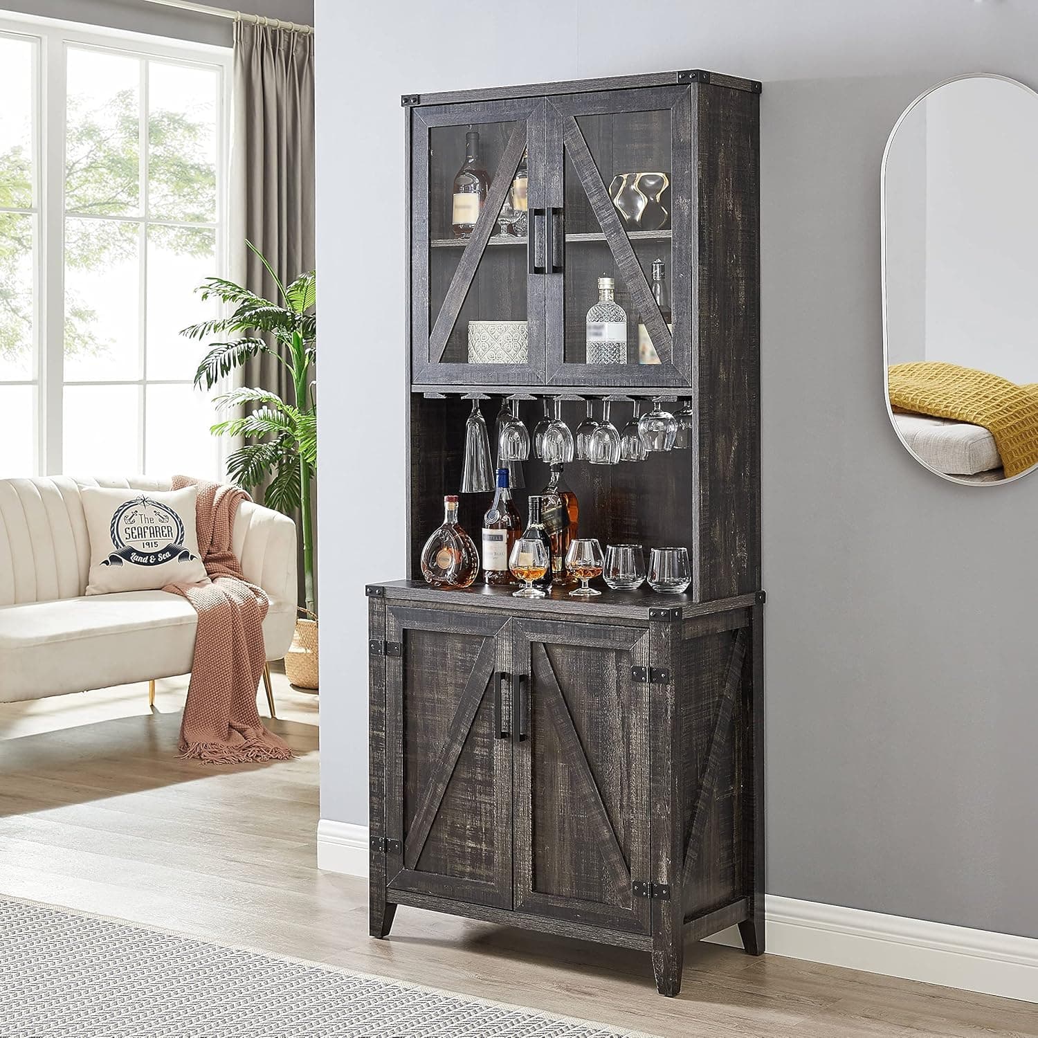 Home Source Bar Cabinet with Upper Glass Cabinet in Charocal Finish