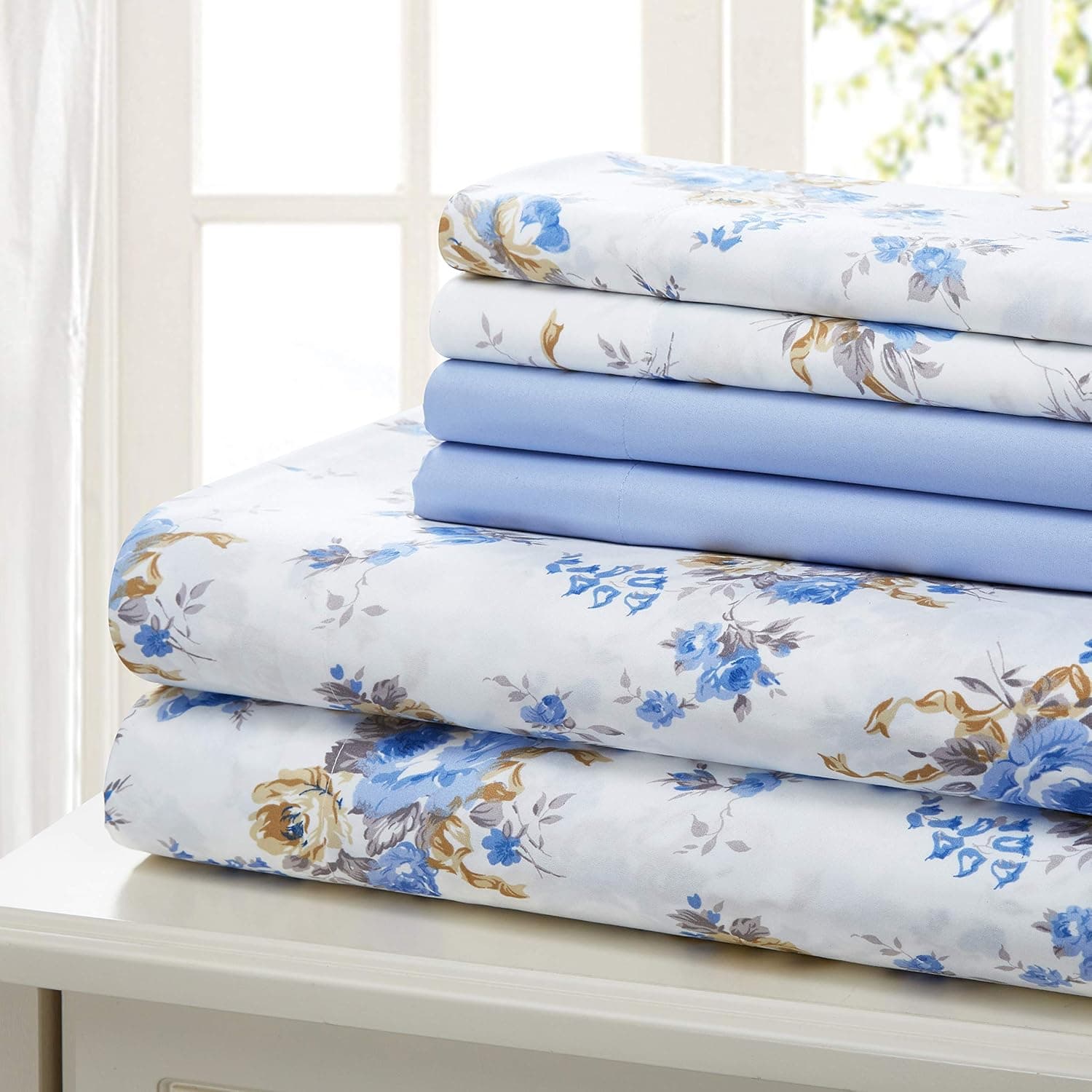 Traditional Home Sheet Set Cotton Percale 6 Piece Print Twin Full Queen King Soft (Blue Flower, Full)