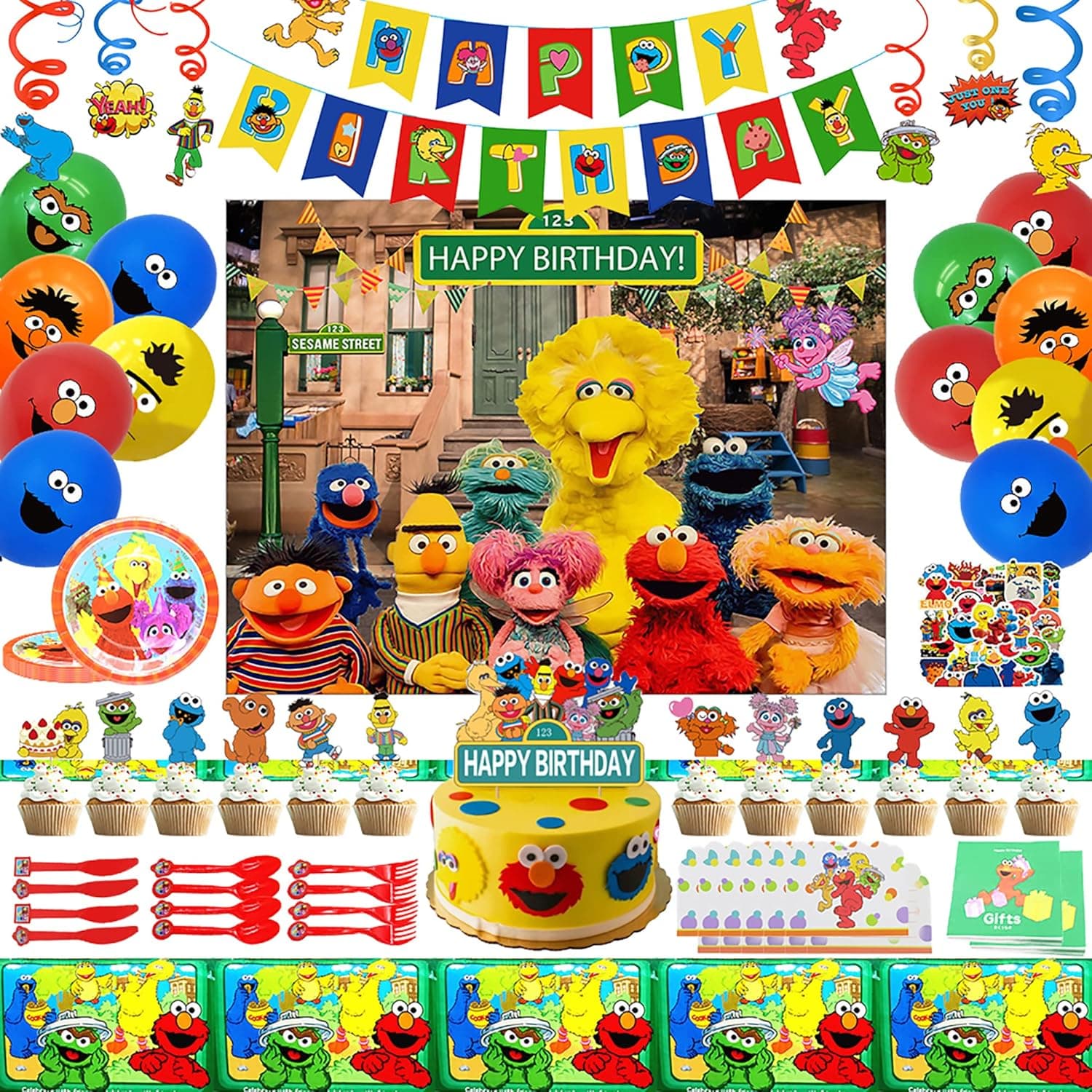 178 PCS Birthday Party Supplies, Party Decorations Includes Happy Birthday Banners, Backdrop, Tableware, Hanging Swirls, Latex Balloons, Cake Topper, Invitation Cards, Tablecloth, Stickers