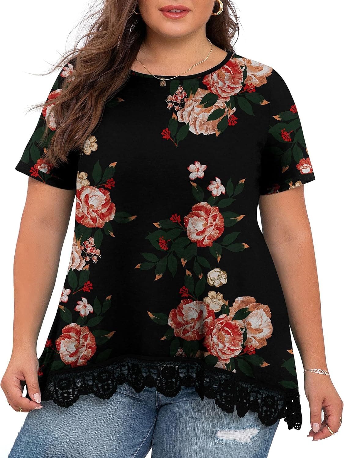 OLRIK Plus Size Tops for Women Summer Casual Womens Short Sleeve/Long Sleeve Lace Shirts and Blouses