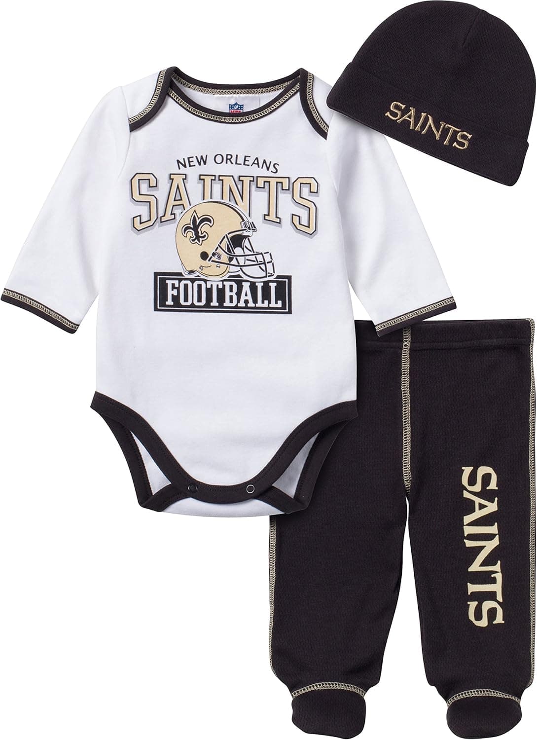 NFL New Orlean Saints Unisex-Baby Bodysuit, Pant, & Cap Set, Black, 6-9 Months