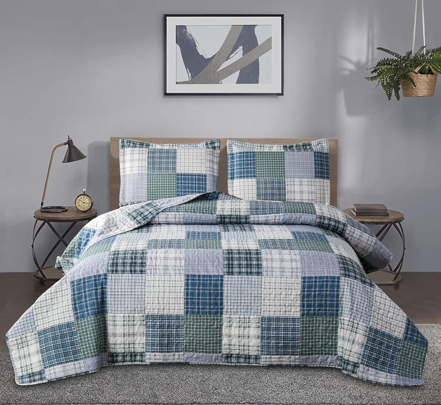 Quilt Set Queen Size Plaid Bedspread Coverlet Queen Quilt Set Bedding Mens Boys Quilt Bedspread Patchwork Bedding Home Modern Soft Lightweight Coverlet Reversible Quilt Bed Spread with 2 Pillow Shams