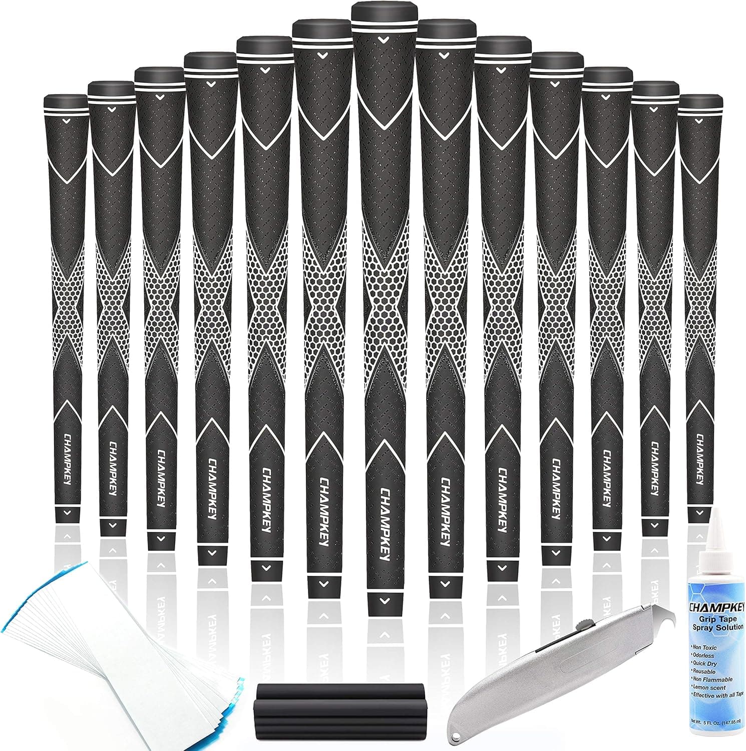 CHAMPKEY Traction-X Golf Grips 13 Pack | High Traction and Feedback Rubber Golf Club Grips | Choose Between 13 Grips with 15 Tapse and 13 Grips with All Kits