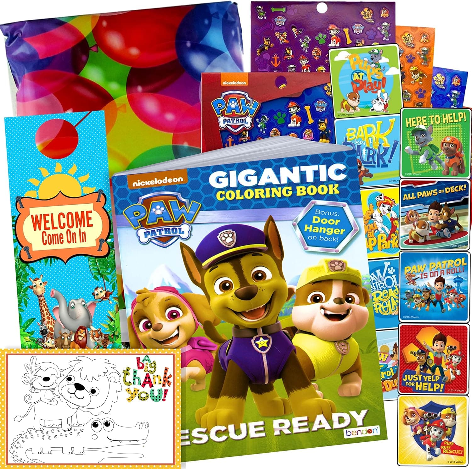 PAW Patrol Coloring Book and Stickers Gift Set - Bundle Includes Gigantic 192 pg Coloring Book, Stickers, Postcard Craft, and Door Hanger in Specialty Gift Bag