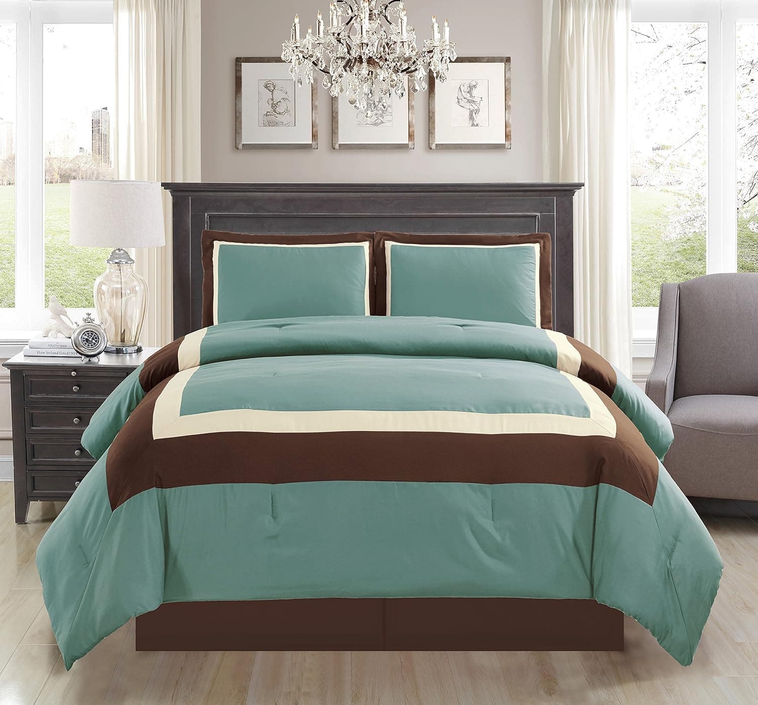 Grand Linen 3 Piece Twin Size Light Silver Blue/Brown/Beige Color Block Milan Down Alternative Comforter Set 34" X 86" Bedding