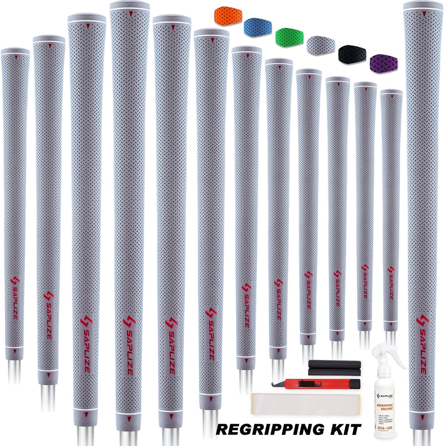 SAPLIZE CC02 Rubber Golf Grips, Options of Upgrade kit(13 Grips with 15 Tapes) or Deluxe Kit(13 Grips with Solvent kit) 6 Pure Colors Available, Standard/Midsize Anti-Slip Rubber Golf Club Grips