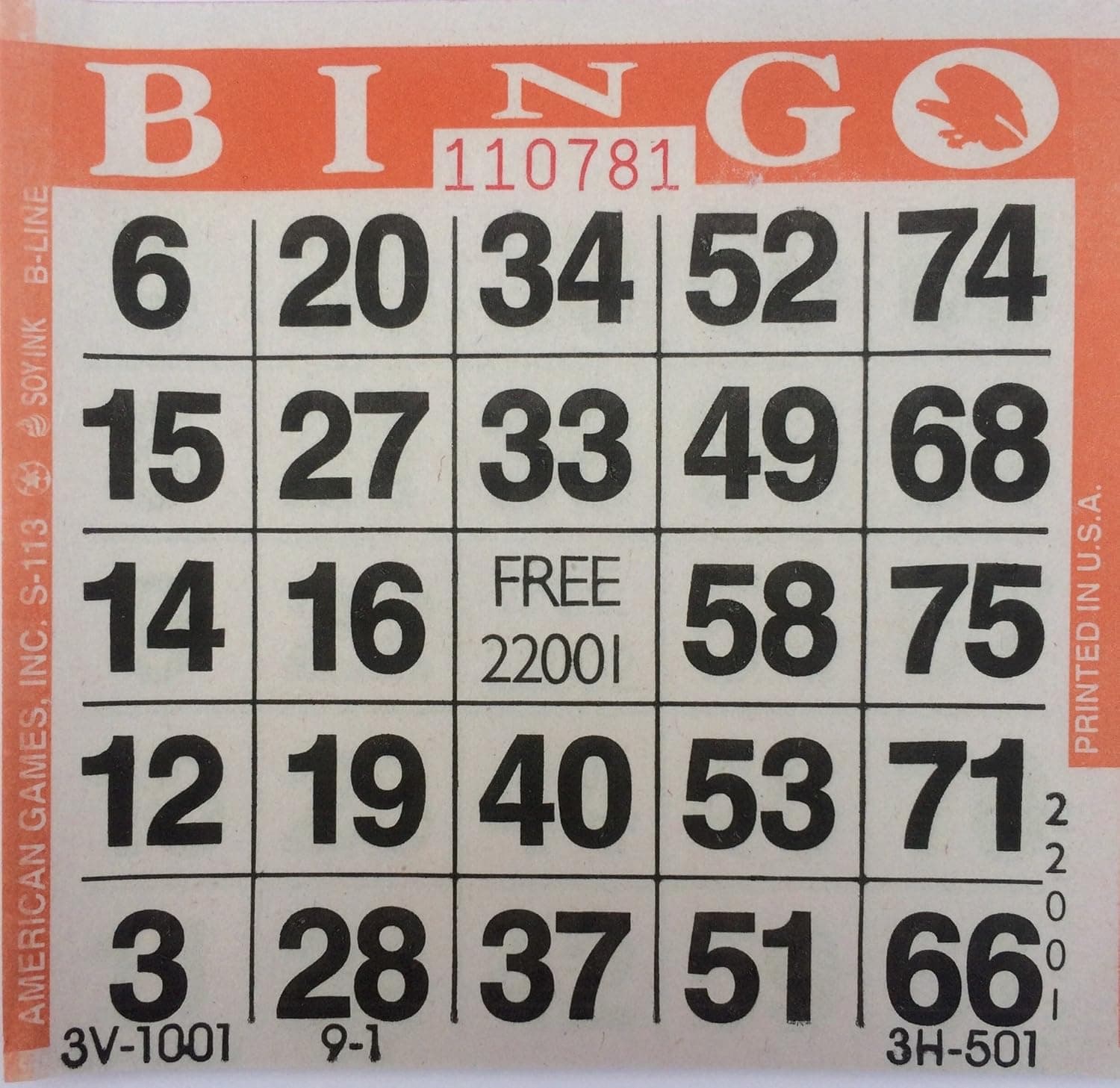 American Games 1 on (Single) Orange Bingo Paper Cards - 500 Cards per Pack