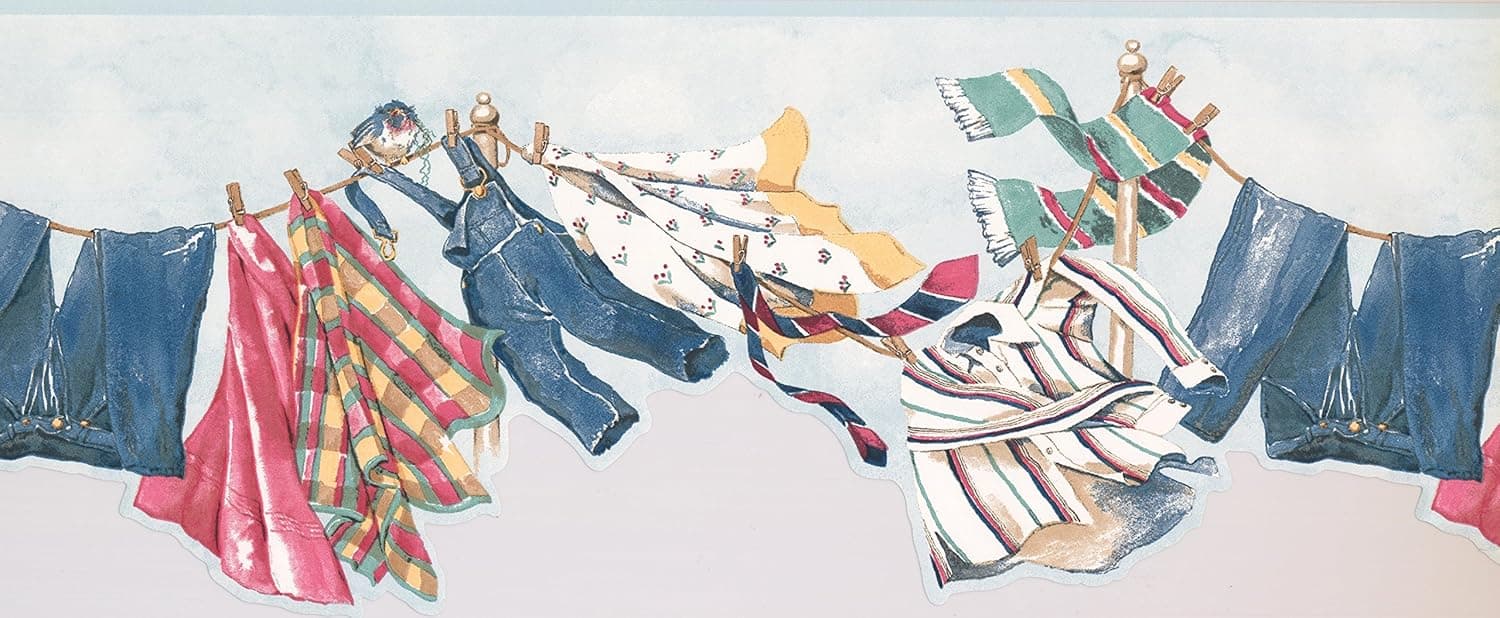 Clothes Hanging on Drying Line Aero Blue Rustic Wallpaper Border for Kids, Roll 15' x 10''