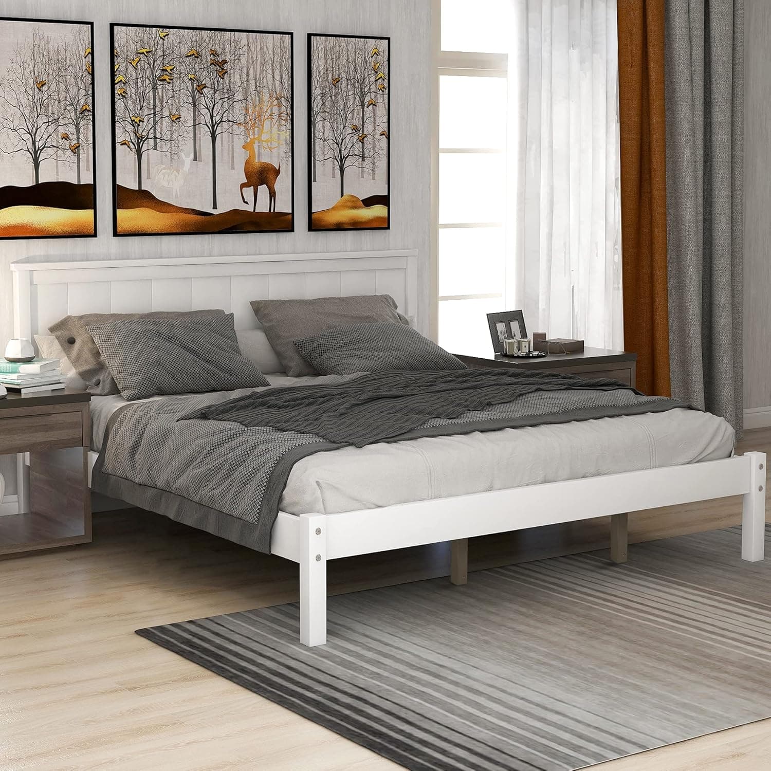 JULYFOX Hard Wood Bed Frame Queen Size, White Platform Bed with Headboard 400lb Heavy Duty No Box Spring Needed(White,Queen Size)