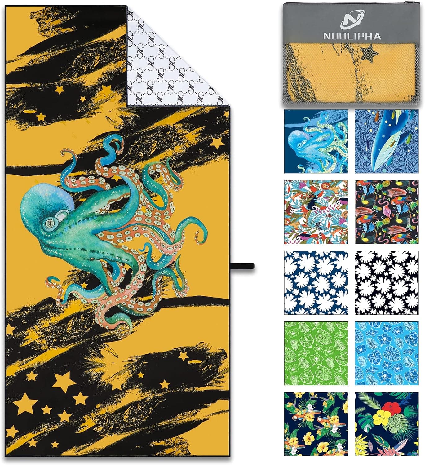 Microfiber Beach Towel Oversized Clearance Towels, Extra Large 71x35 Sand Free Super Absorbent Travel Pool Towel for Adults, Lightweight Compact for Camping, Picnic, Gym, Yoga - Octopus Yellow