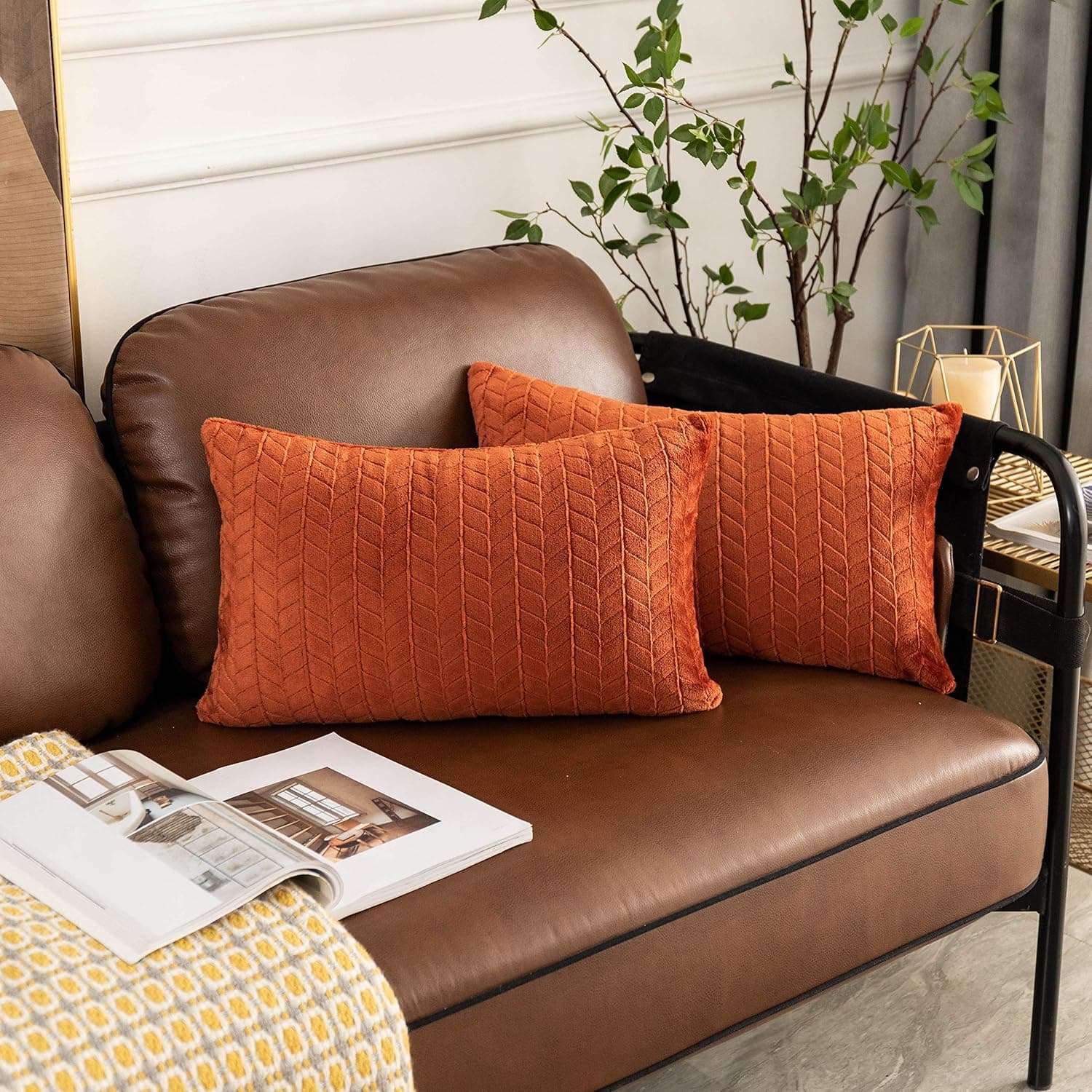 UGASA Chunky Knitting Pillow Cover, Cable Knit Throw Cover, Oblong Cushion Pillowcases for Lumbar, 1 Piece (12"x20", Burnt Brick)