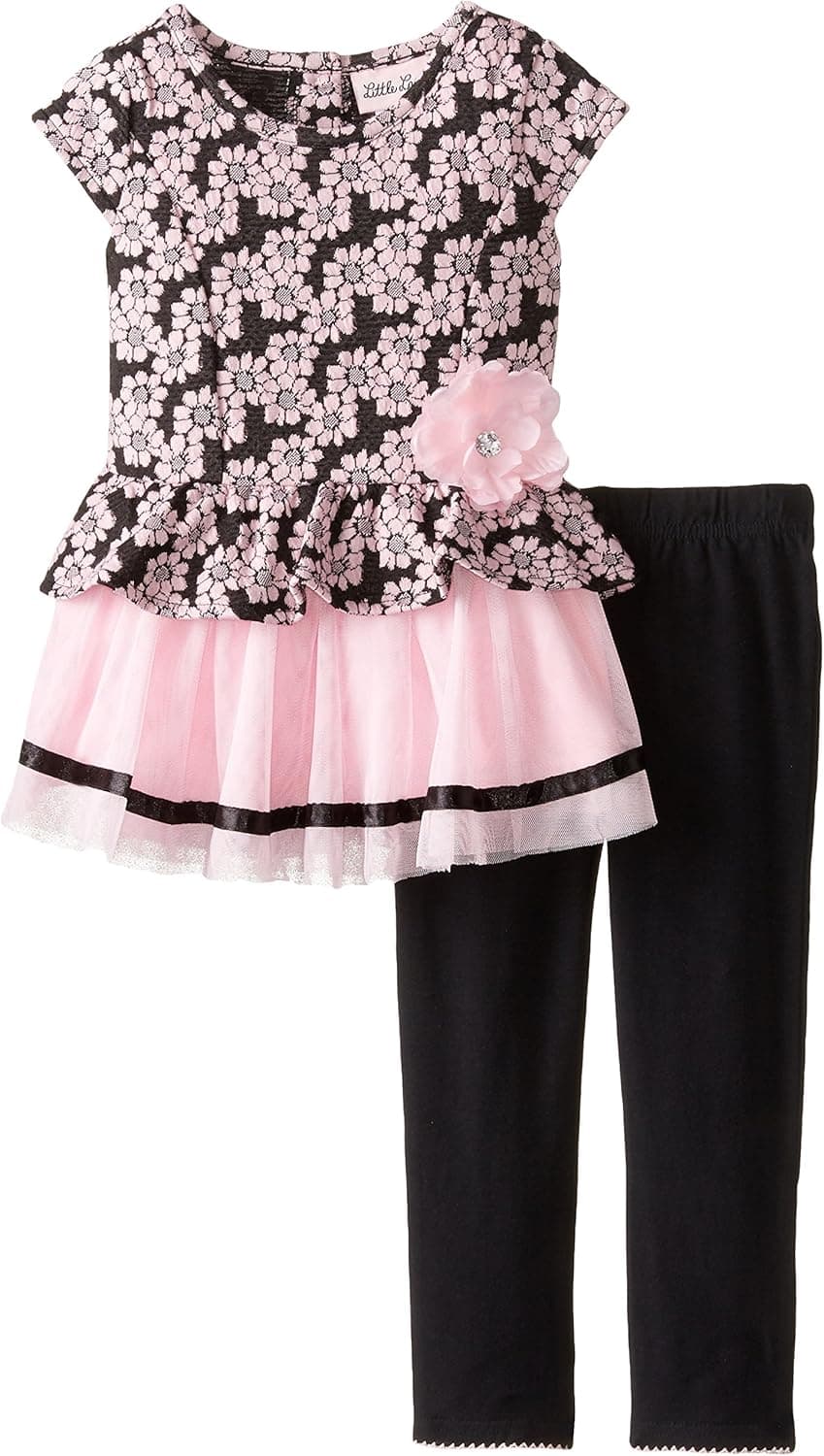 Little Lass Little Girls' 2 Piece Legging Set Textured Floral Tulle