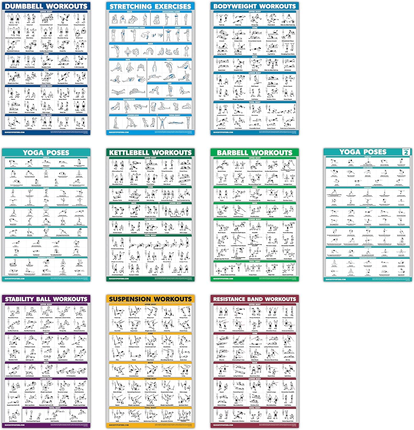 QuickFit 10 Pack - Exercise Workout Poster Set - Yoga Volume 1 & 2, Suspension, Dumbbell, Kettlebell, Resistance Bands, Stretching, Bodyweight, Barbell, Exercise Ball