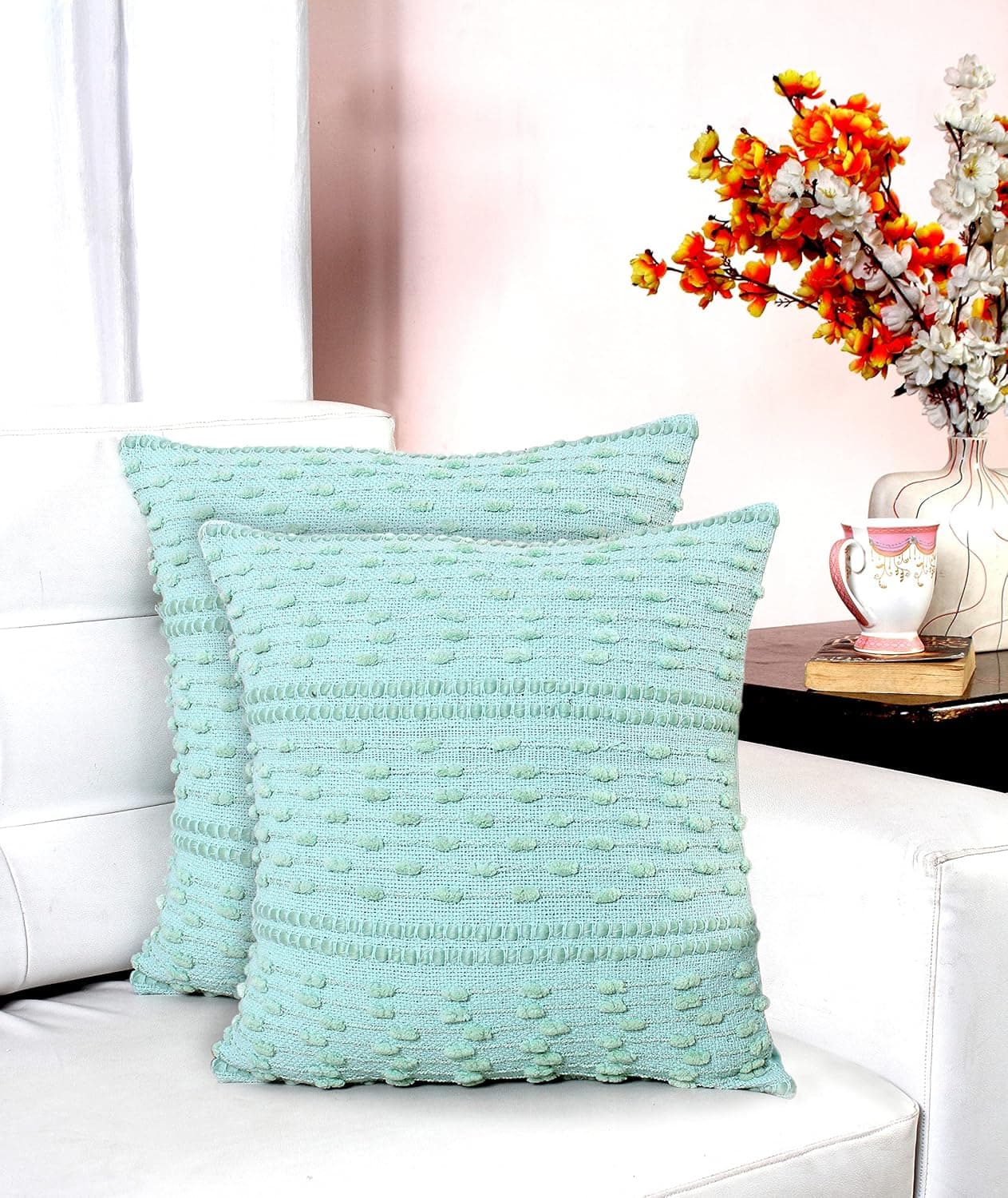 ACCENTHOME Boho Throw Pillow Cover 20x20 Inch (2 Pc) Cotton Hand Woven Decorative Design Pillows for Farmhouse Couch Sofa Bedroom | Sage Tufted Pillow Covers | Home Decor Textured Hug Pillowcases