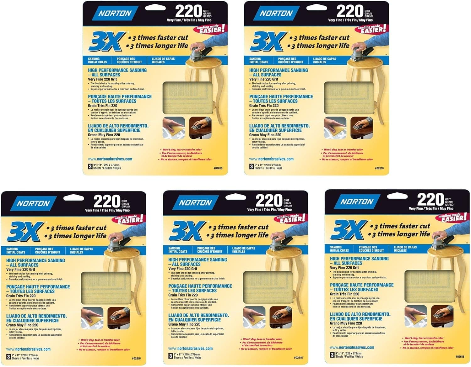 Norton 02616 3X Handy Aluminum-Oxide Sandpaper 220 Grit, 9-Inch x 11-Inch, 15 Sheets Total (5 Pack)