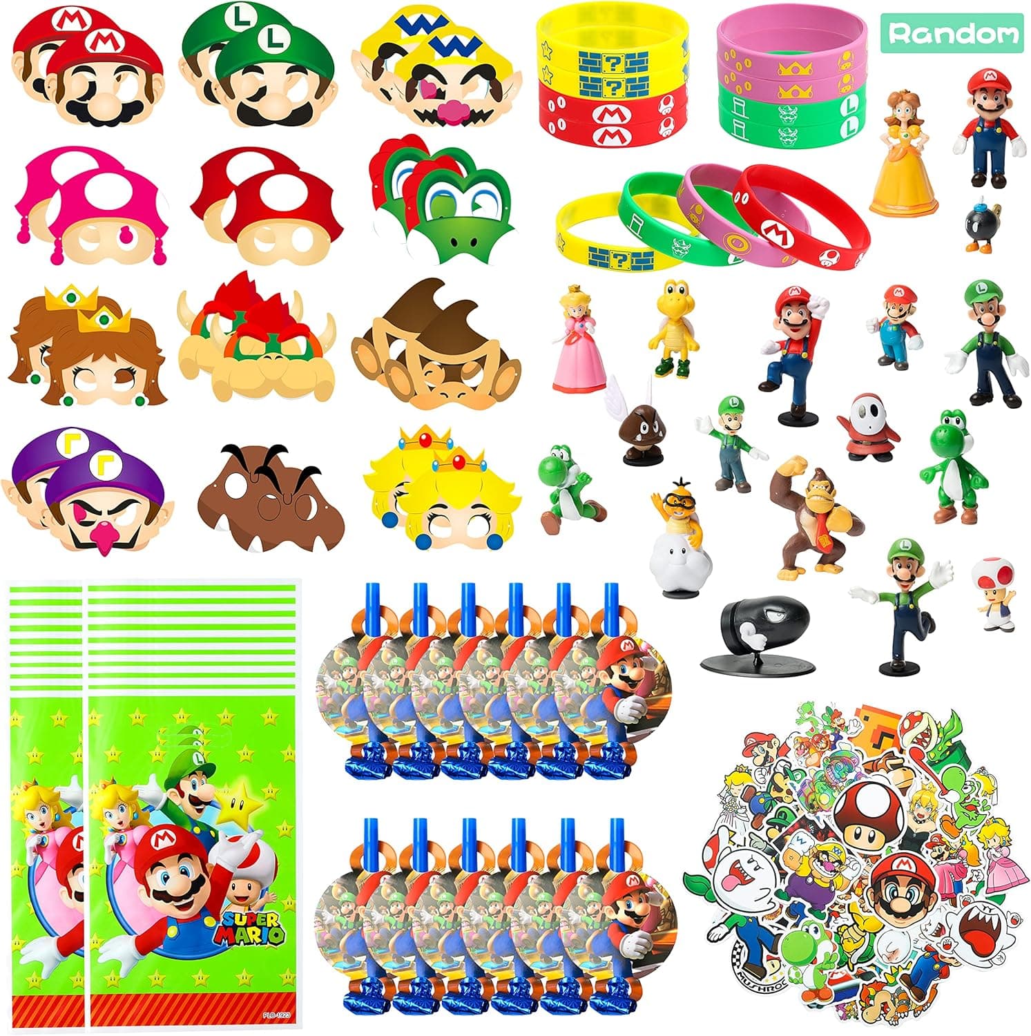 124Pcs Mario Party Supplies Kit, Wario Party Favors All-In-One Pack Party Supplies Include Mario Masks Character Model Decor Stickers Wristband Treat Bags Blowouts For Boys and Girls