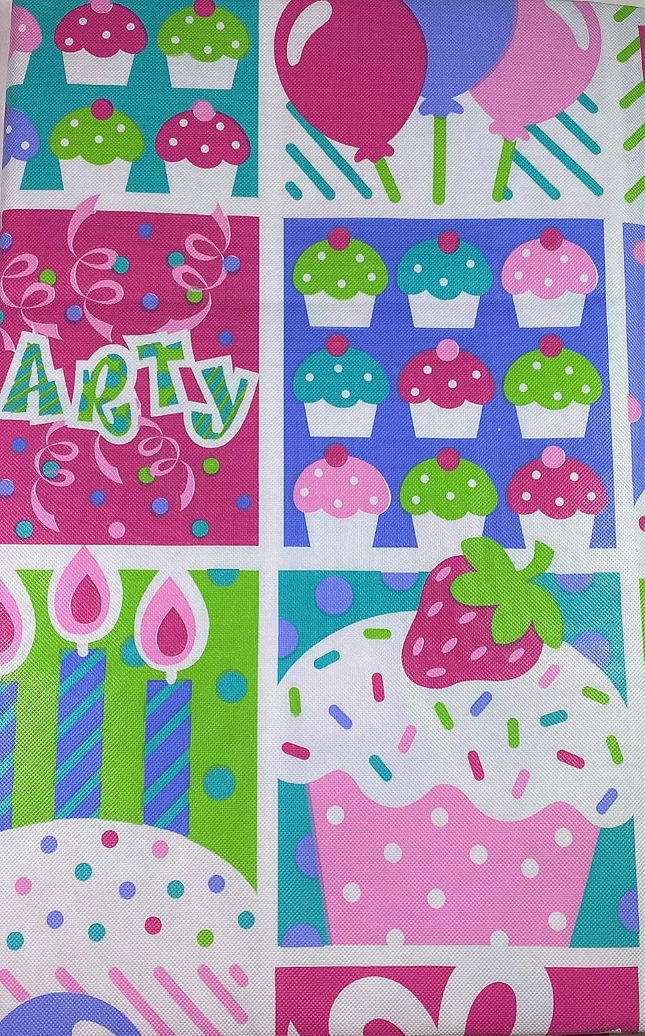 Happy Birthday Cupcakes, Candles and Balloons Flannel Back Vinyl Tablecloths By Elrene- Assorted Sizes (52 x 70 Oblong)