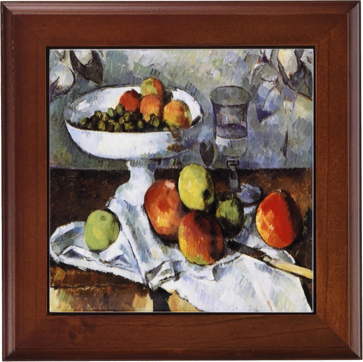 3dRose ft_149664_1 Still Life by Paul Cezanne with a Bowl of Fruit and a Glass of Wine-Framed Tile, 8 by 8-Inch