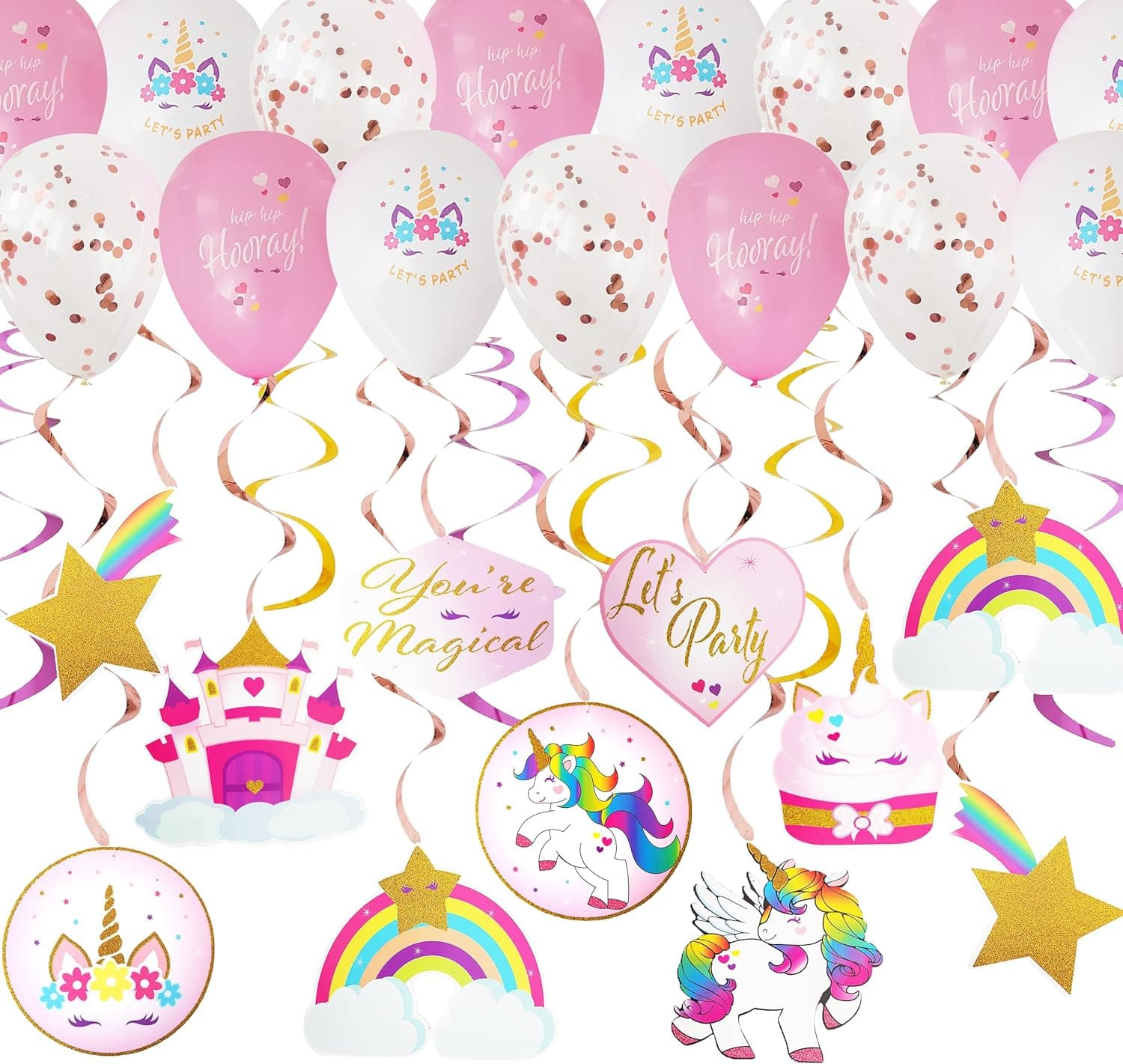 Unicorn Hanging Swirls Decorations with Real Glitter, Perfect set for Unicorn Party Decorations, Unicorn Birthday Decorations for Girls, Unicorn Party Supplies Girls Birthday Party Decorations 65 pcs