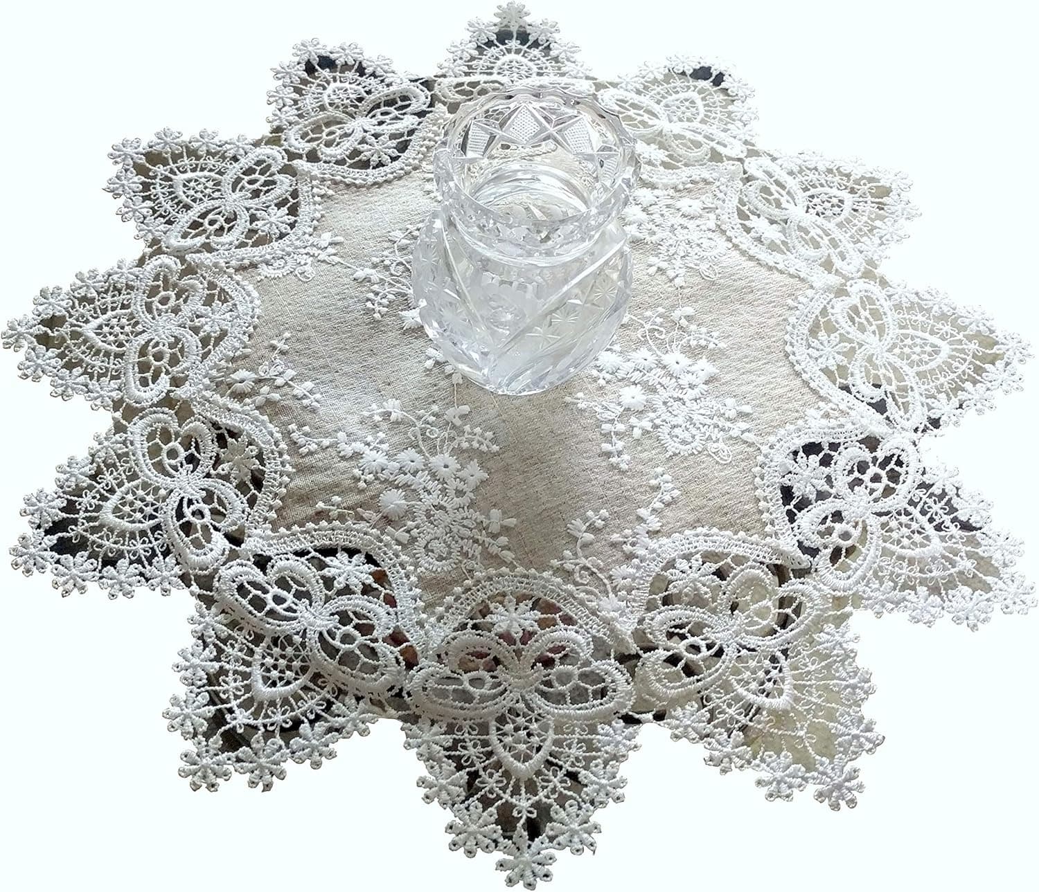 Galleria di Giovanni Lace Doily 16 inch Round Neutral Burlap Natural Taupe Antique Ivory Victorian