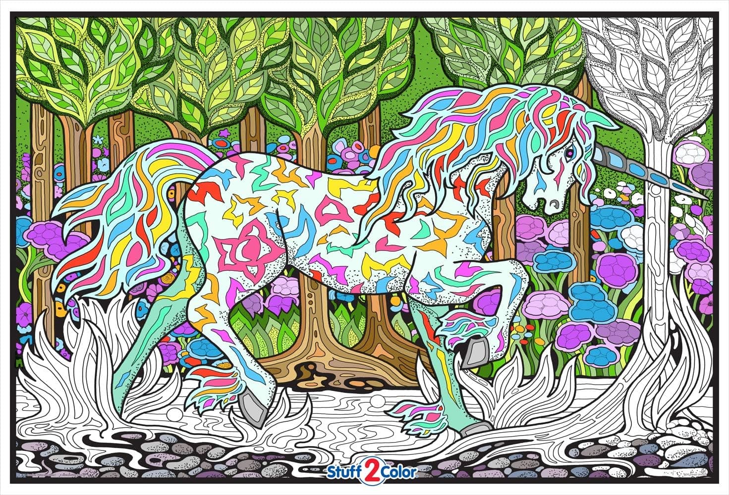 Stuff2Color Forest Unicorn - 22x32.5 Giant Line Art Coloring Poster (Great for Family Time, Adults, Kids, Classrooms, Care Facilities and Group Activities)