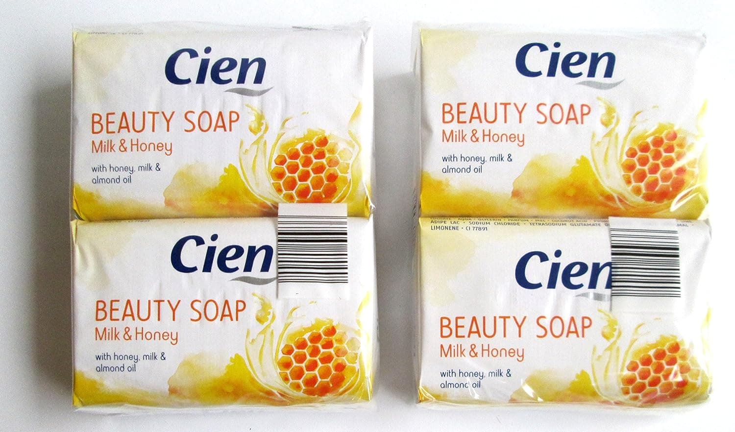 Cien:"Milk & Honey" Beauty Soap with Honey, Milk & Almond Oil 5.29 Ounce (150gr) Packages (Pack of 4) [ Italian Import ]
