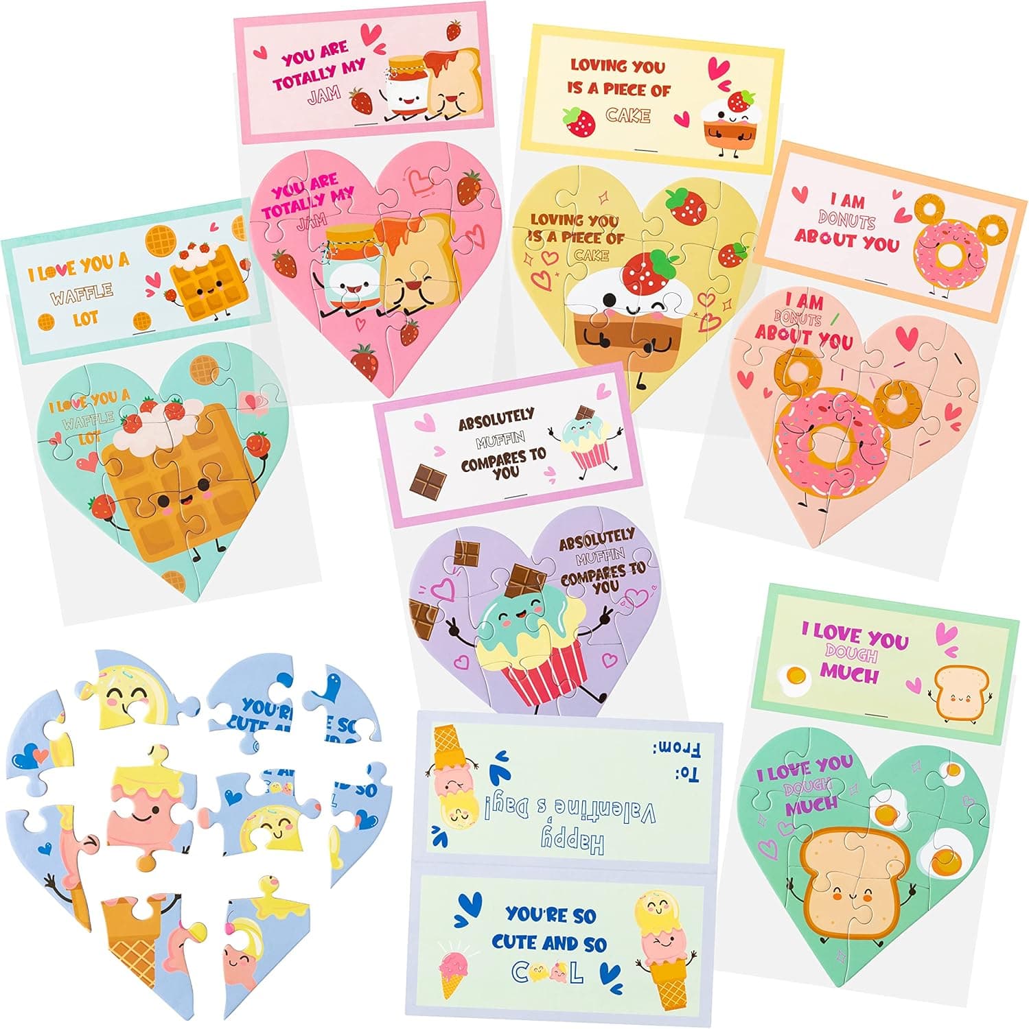 Xqumoi 28 Packs Dessert Puzzles with Gift Cards for Kids, Heart Shape Cake Donuts Jigsaw Puzzles Exchange Gifts Bulk Party Favors Classroom School Goodie Bags Fillers