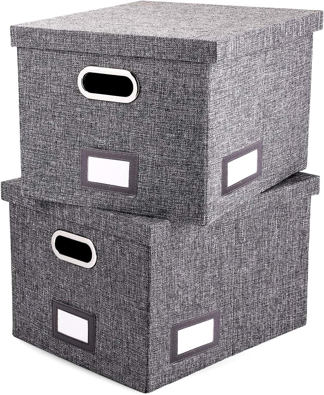 File Organizer Box Set of 2 - Collapsible Linen Filing Boxes for Easy File Folder Storage- Handles and Removable Lid | Organize Your Documents and Hanging Files in Style