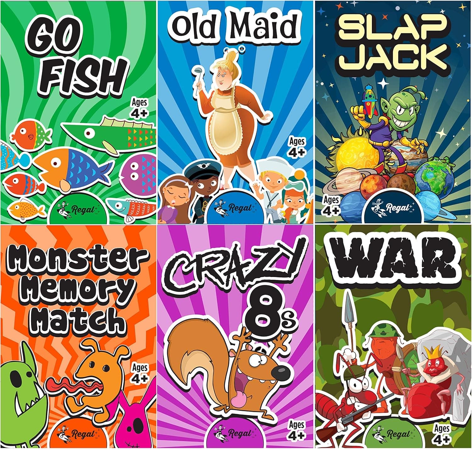 Regal Games - Kids Classic Card Games - Includes Old Maid, Go Fish, Slapjack, Crazy 8's, War, and Silly Monster Memory Match- for Family Game Nights, Parties - Set of 6 Games