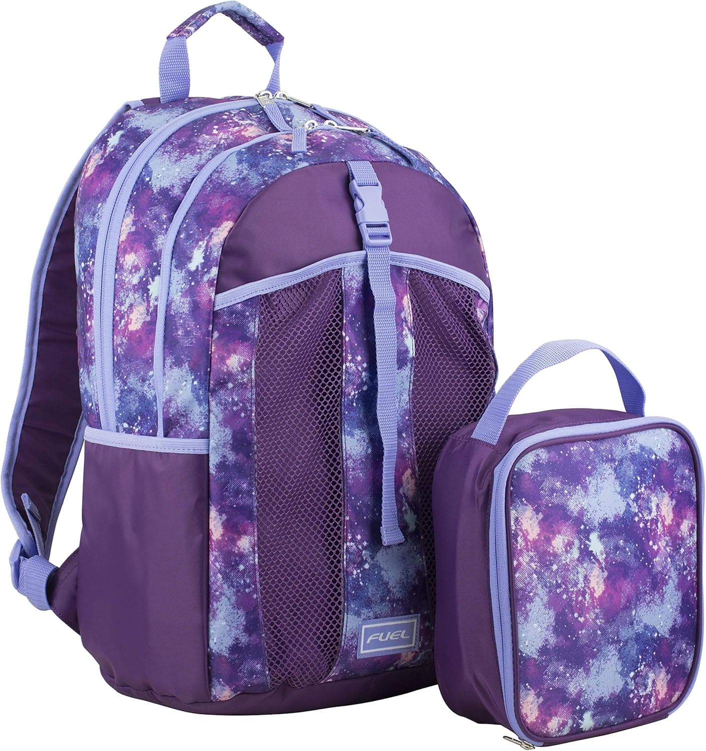 FUEL Backpack with Lunch Box Combo – 18” Two Compartment Water Resistant Durable Adjustable Straps with Side Water Bottle Pockets 2 in 1 Set - Purple Galaxy