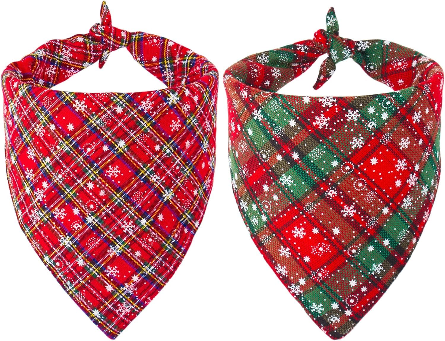 PTDECOR 2 Pack Dog Bandana Christmas Red Green Plaid Snowflake Dog Scarf Triangle Bibs Kerchief Set Dog Christmas Accessories Bandanas for Small Medium Large Dogs Pets (Red&Green)
