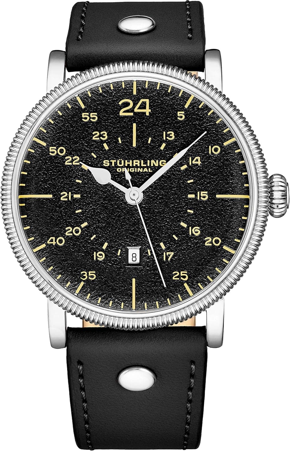 Stuhrling Original Mens Watch. Analog Quartz Military Wrist Watch. Genuine Calfskin Leather Strap, Black Dial, 24-Hour Watch. Aviator Watches for Men. 22mm Watch Band. A Smart Watch to wear.