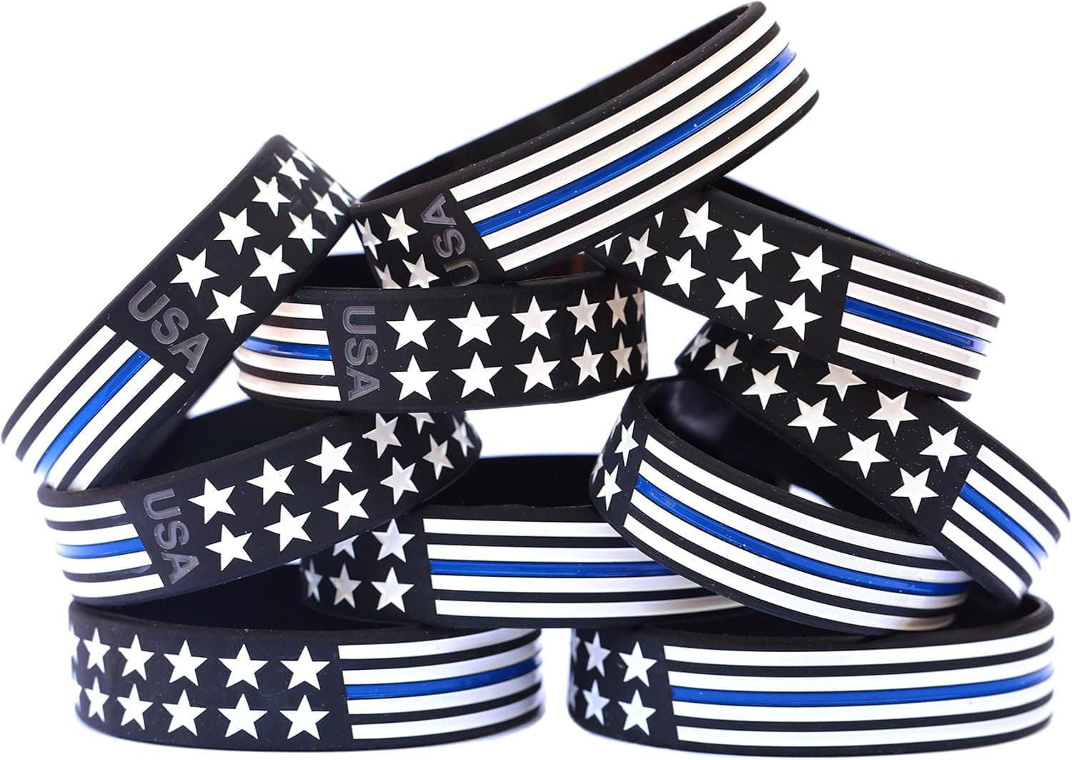 10 Bold USA Flag Thin Blue Line Wristbands with Stars and Stripes
