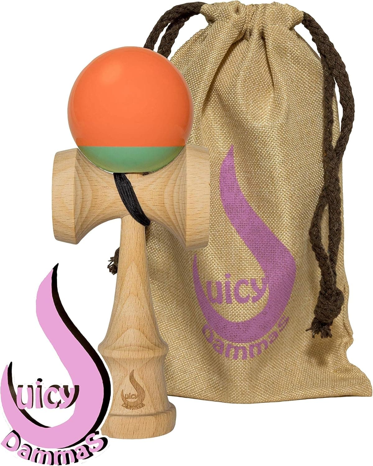 Juicy Dammas Kendama Skill Toy - Drop Line - Sticky Paint, Extra String, Carrying Bag (Plump Peach)