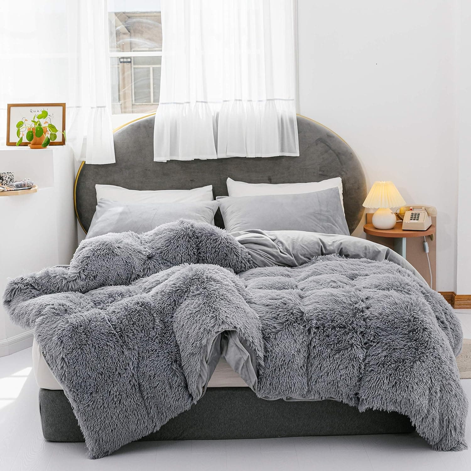 YIRDDEO 3 Pieces Fur Bedding Set, Shaggy Fluffy Duvet Cover, Velvet Ultra-Soft Microfiber, Solid Color(Grey, Queen)