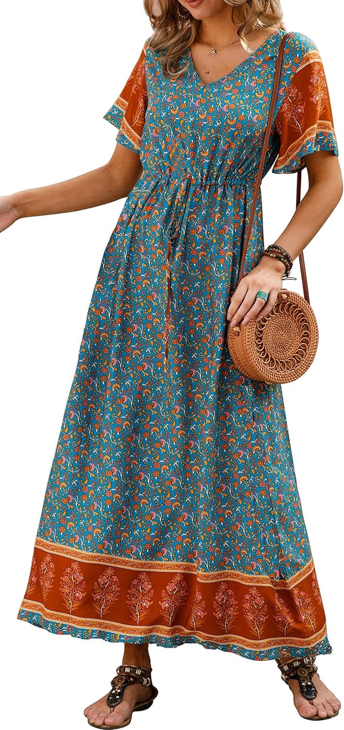 GRECERELLE Women's Casual Floral Print Summer Boho Beach Dress V Neck Short Sleeve A Line Drawstring Waist Long Maxi Dresses Scalloped Flower Cyan-XL