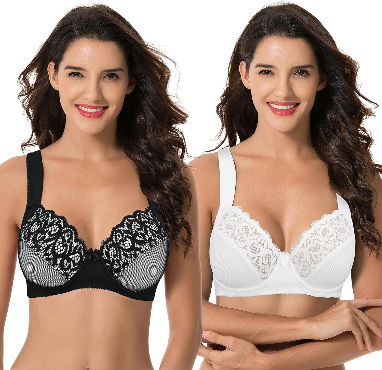 Curve Muse Women's Plus Size Unlined Underwire Lace Bra with Cushion Straps-2PK