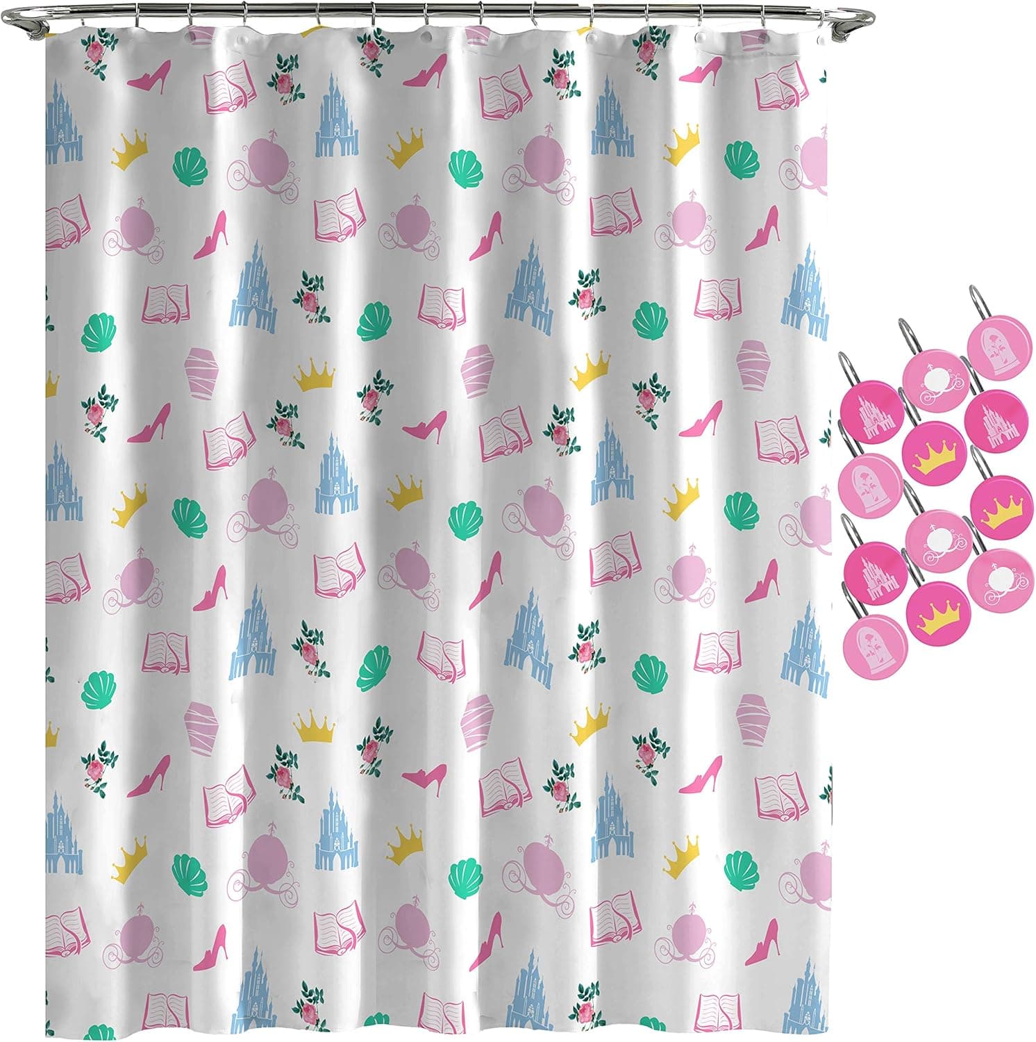 Disney Princess Sassy White Shower Curtain & 12-Piece Hook Set & Easy Use - Kids Bath Set (Official Disney Princess Product)