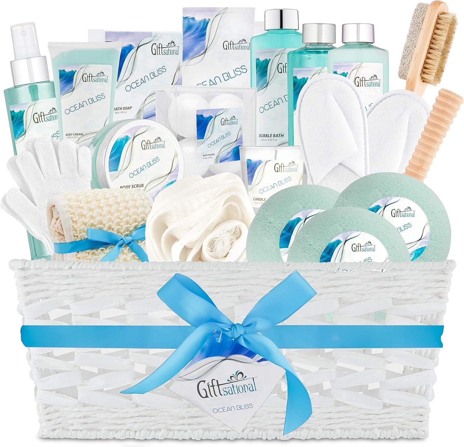Ocean Bliss Extra Large Spa Bath Gift Basket,Great Christmas Gift, Includes 3 Bath Bombs, Shower Gel, Bubble Bath, Lotion, Scrub, Pumice Brush, Glass Candle, Slippers, Massage Stick & 5 More Items